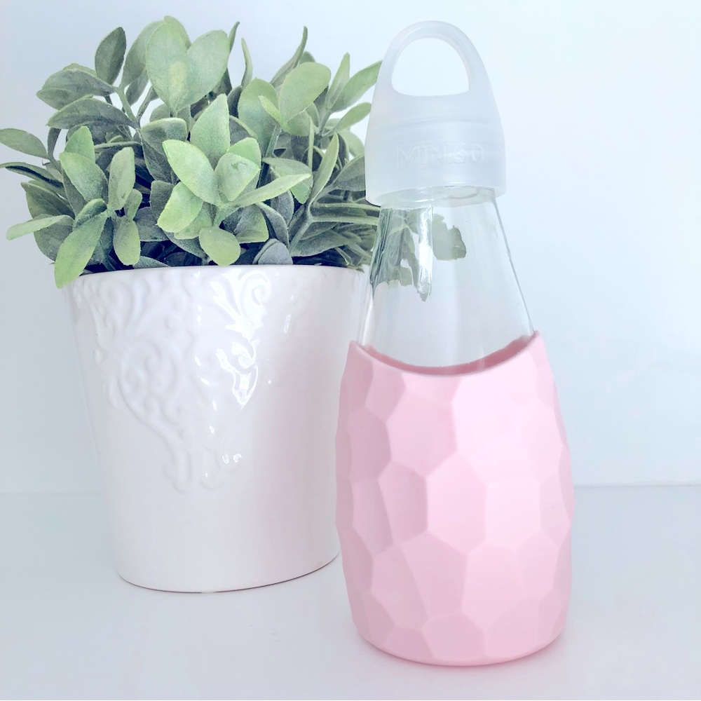 Miniso Pastel Pink Glass Water Bottle Silicone Textured Cover Bowling Pin Shape